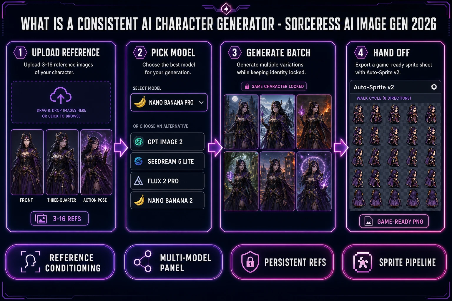 What is an ai consistent character generator 2026: four-panel Sorceress AI Image Gen diagram showing reference upload, model picker Nano Banana Pro GPT Image 2 Seedream, batch of consistent character portraits, and Auto-Sprite v2 sprite sheet handoff