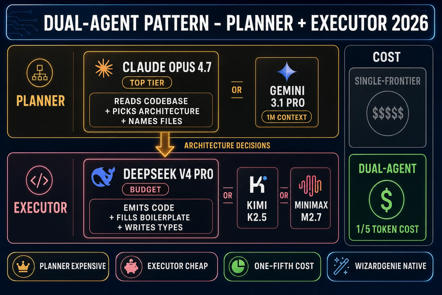Dual-agent Planner and Executor pattern - expensive Planner model reads codebase and plans architecture, cheap Executor model writes the code, one-fifth aggregate token cost of single-frontier setup with Claude Opus 4.7 as Planner and DeepSeek V4 Pro as Executor
