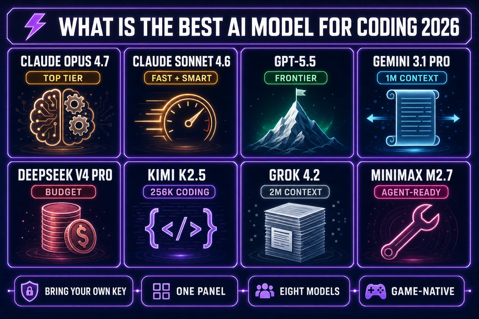 What is the best AI model for coding - the 2026 eight-model lineup in Sorceress Code with Opus 4.7 top-tier, DeepSeek V4 Pro budget, Grok 4.2 2M context, Gemini 3.1 Pro 1M context, Kimi K2.5 256K coding, MiniMax M2.7 agent-ready, GPT-5.5 frontier, Sonnet 4.6 fast smart