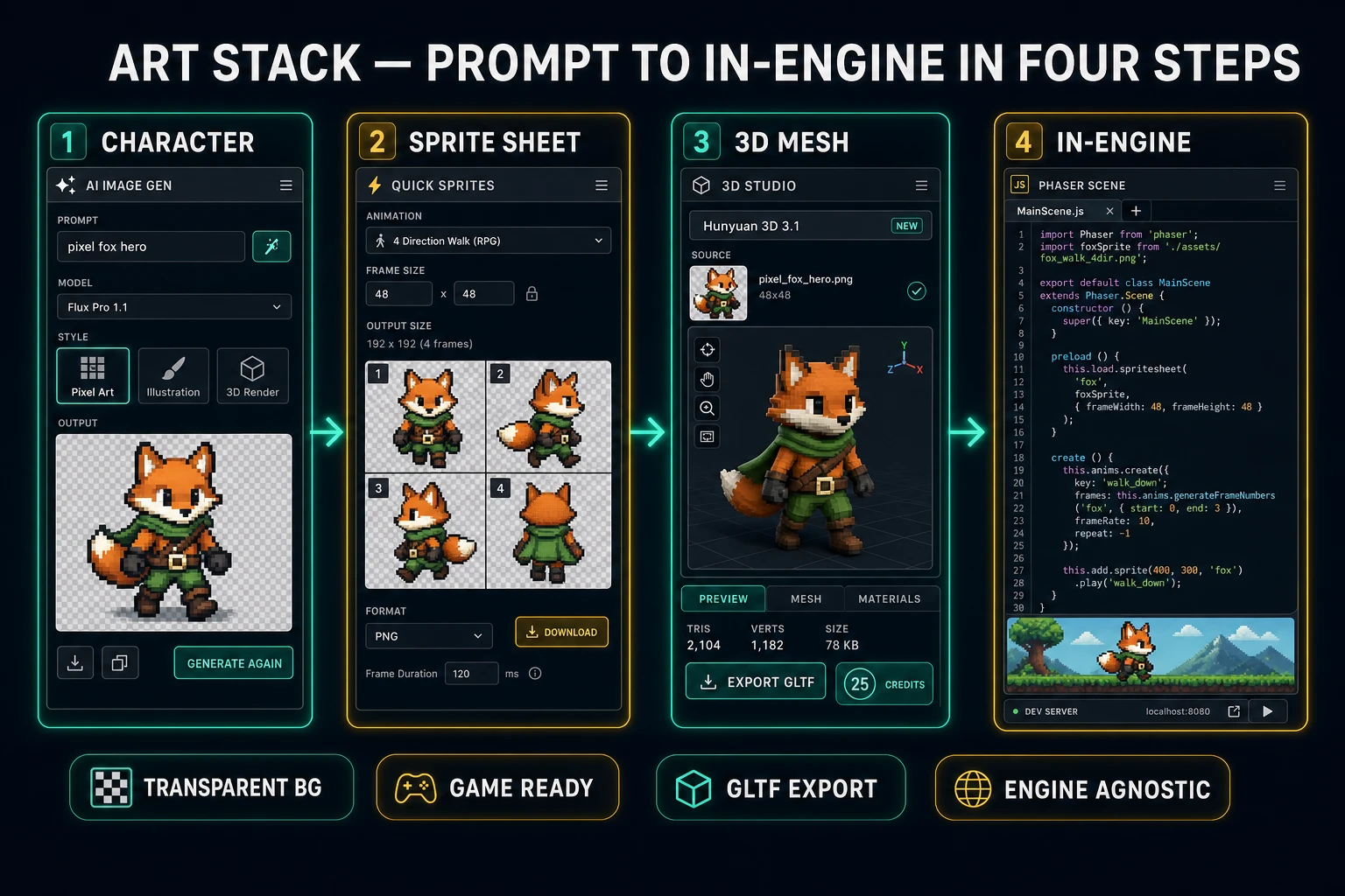 Sorceress art pipeline: character generation, sprite sheet animation, 3D mesh, and in-engine import in four steps.