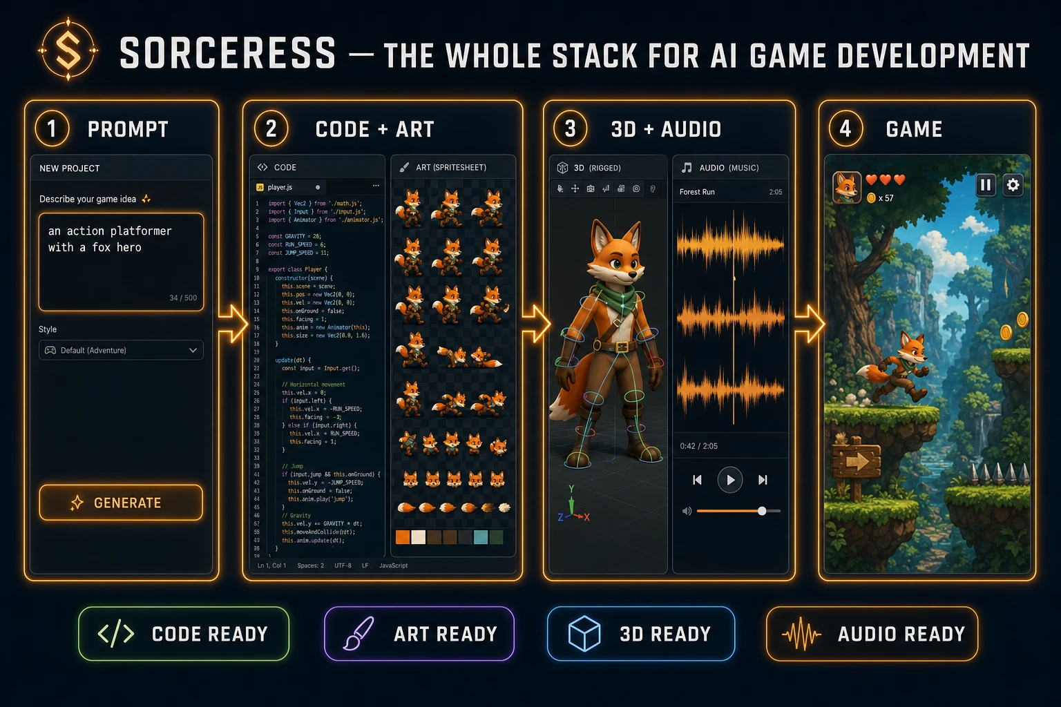 Sorceress stack diagram for AI game development: prompt to code, art, 3D, and audio in a four-step pipeline.