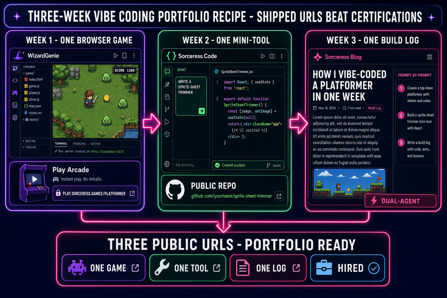 Three-project vibe coding portfolio recipe: week 1 Phaser browser game on Sorceress Play Arcade, week 2 Sorceress Code mini-tool with public GitHub repo, week 3 build log blog post linking both projects