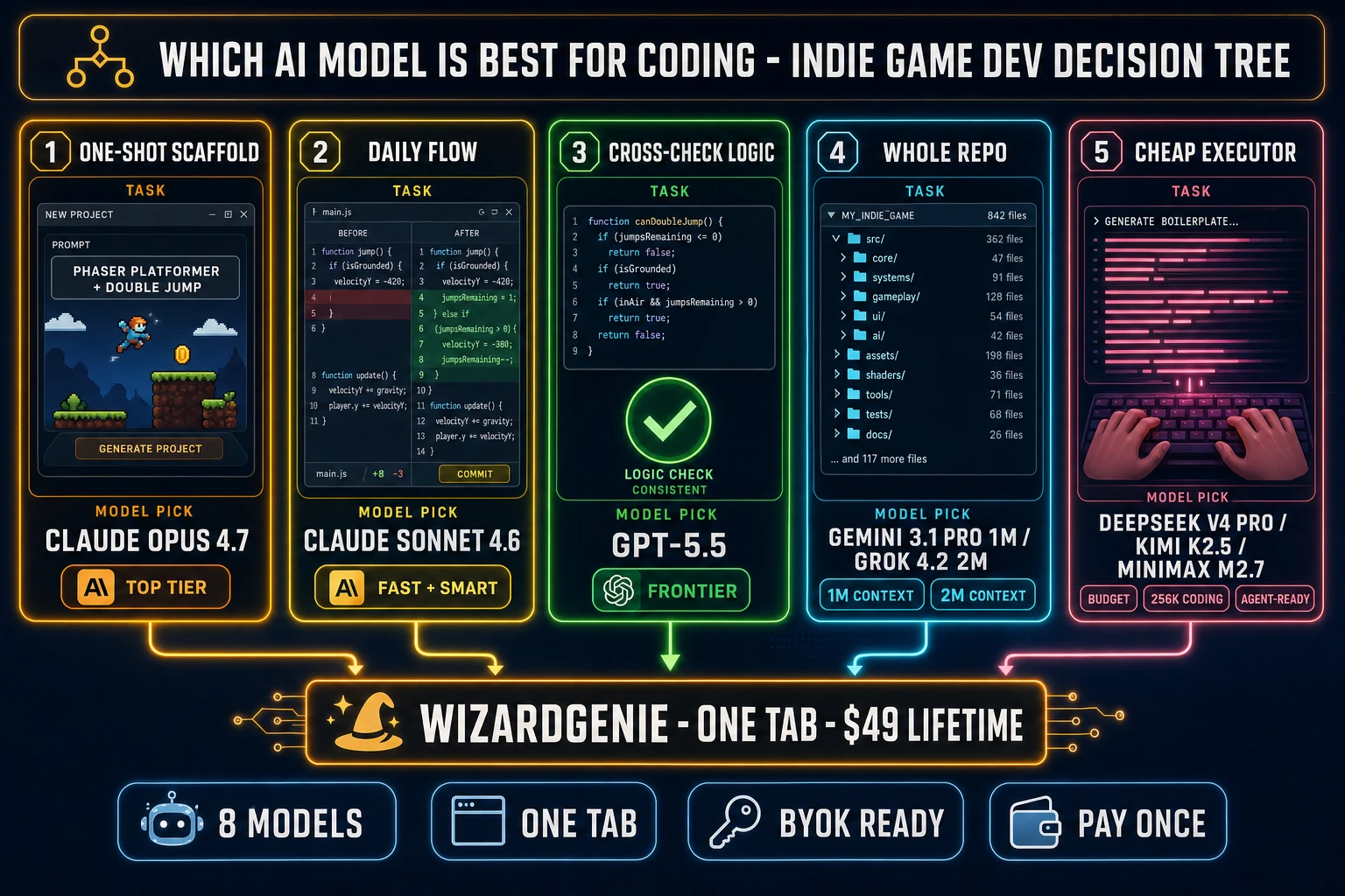 Which AI model is best for coding decision tree for indie game devs - five branch panels mapping tasks (one-shot scaffold, daily flow, cross-check logic, whole repo, cheap executor) to model picks (Claude Opus 4.7, Sonnet 4.6, GPT-5.5, Gemini 3.1 Pro or Grok 4.2, DeepSeek V4 Pro or Kimi K2.5 or MiniMax M2.7) feeding into a central WizardGenie chip