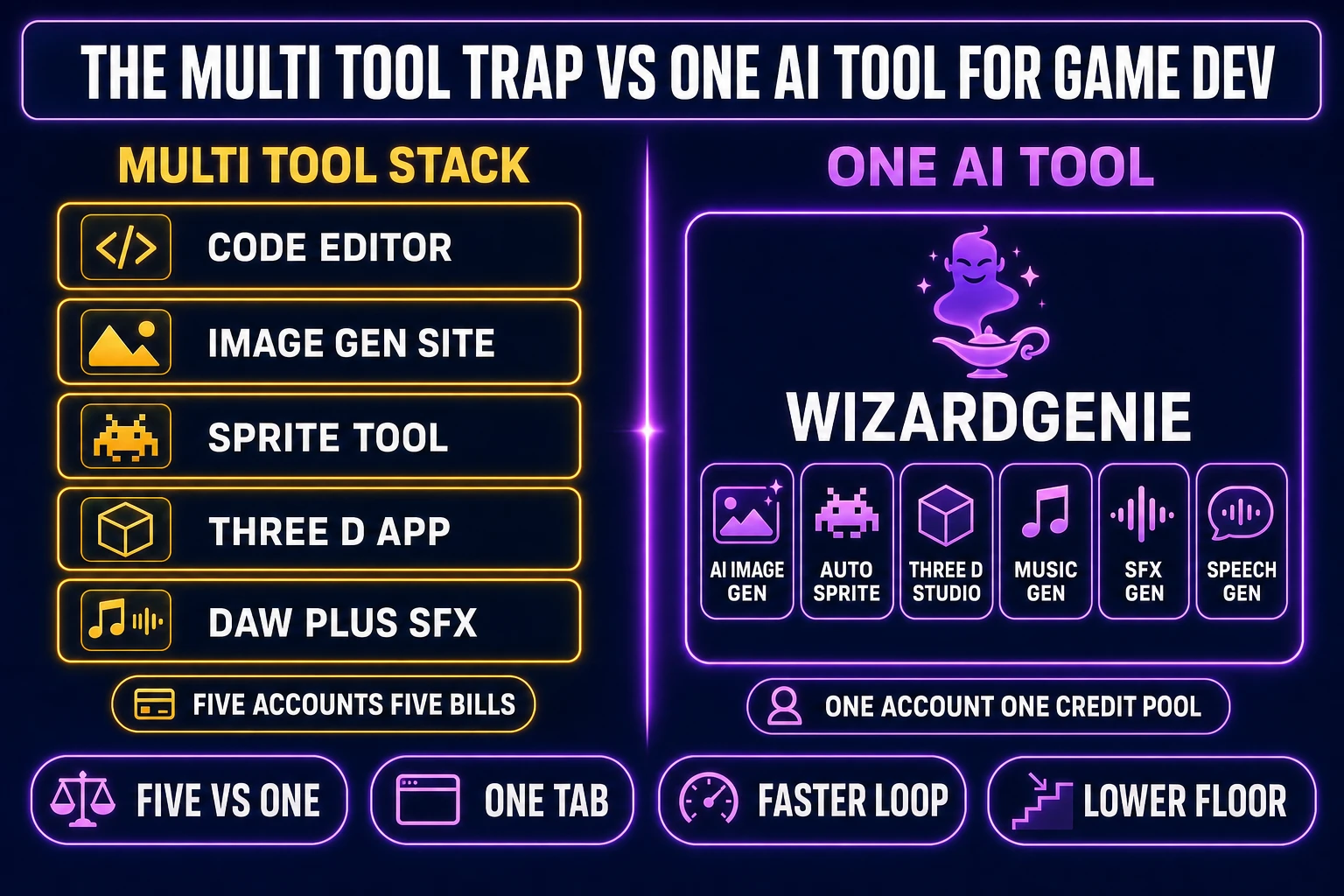 Multi-tool stack vs one ai tool for game development comparison - left column shows five separate boxes for code, image, sprite, 3D, and audio tools; right column shows WizardGenie as a single box with six inline asset-tool chips