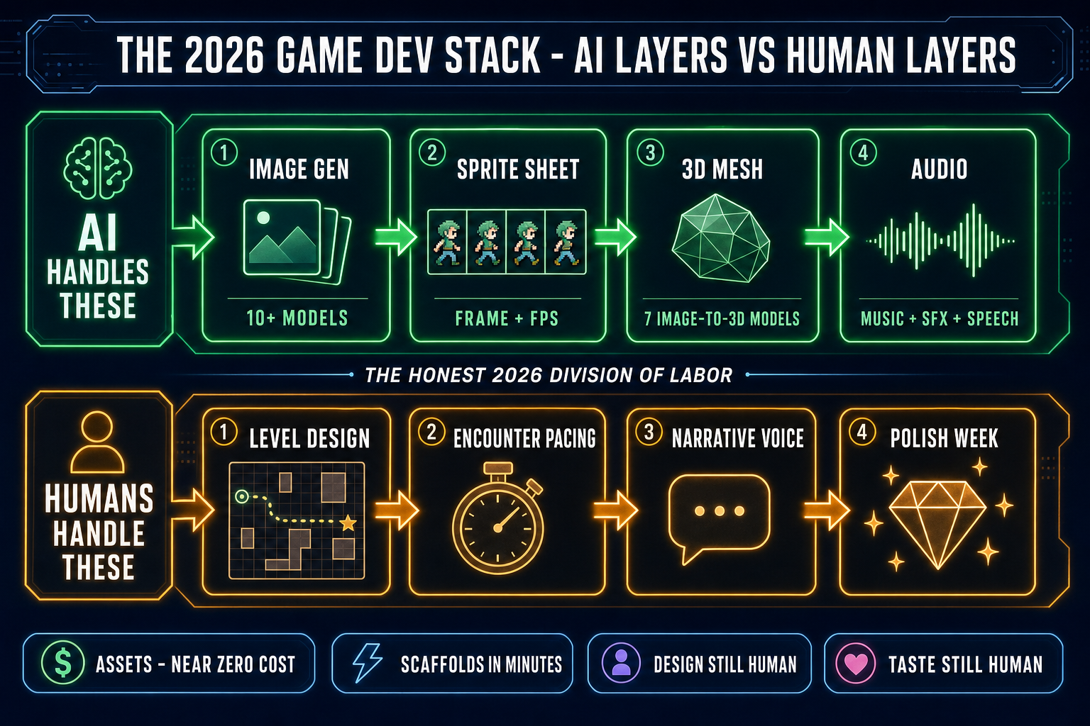 The 2026 game dev stack showing AI layers (image gen, sprite sheet, 3D mesh, audio) on top and human layers (level design, encounter pacing, narrative voice, polish week) on bottom, with a divider labeled the honest 2026 division of labor