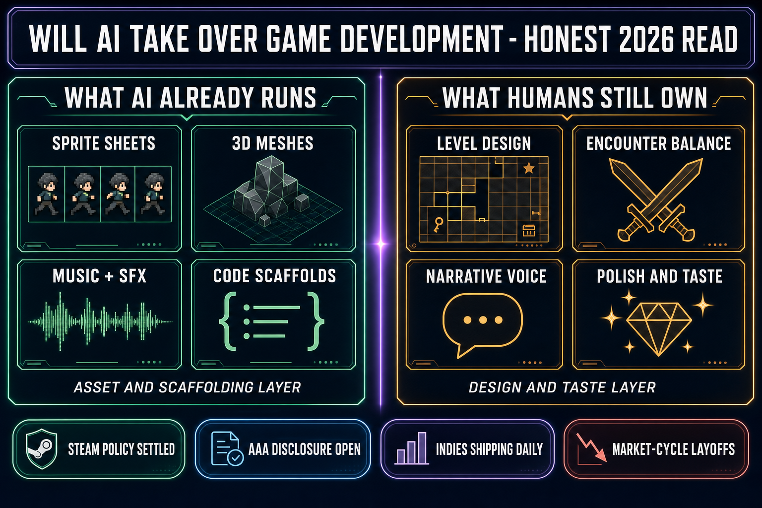 Will AI take over game development diagram showing what AI already runs (sprite sheets, 3D meshes, music plus SFX, code scaffolds) on one side and what humans still own (level design, encounter balance, narrative voice, polish and taste) on the other