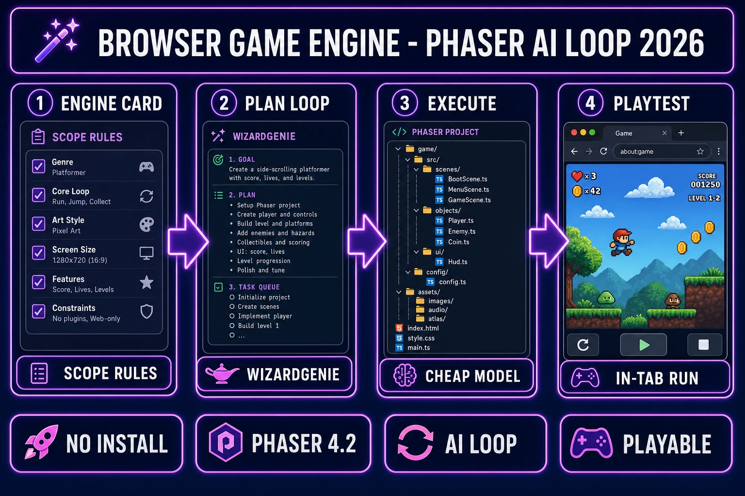 Browser game engine in 2026, four-step Phaser AI loop from engine card through WizardGenie plan and cheap executor to in-tab playtest, verified July 13, 2026