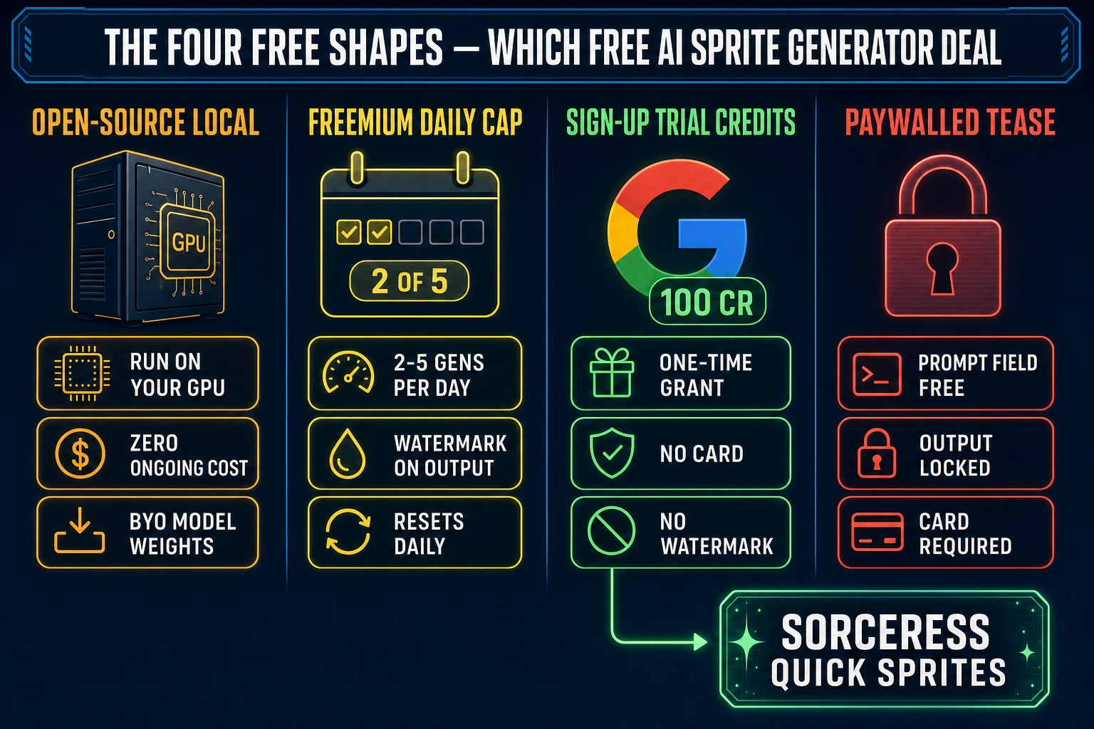 Four-column comparison infographic of the four free shapes for an AI sprite generator: open-source local, freemium daily cap, sign-up trial credits, and paywalled tease. The third column is highlighted in emerald with a chip reading 100 CR and an arrow pointing to Sorceress Quick Sprites