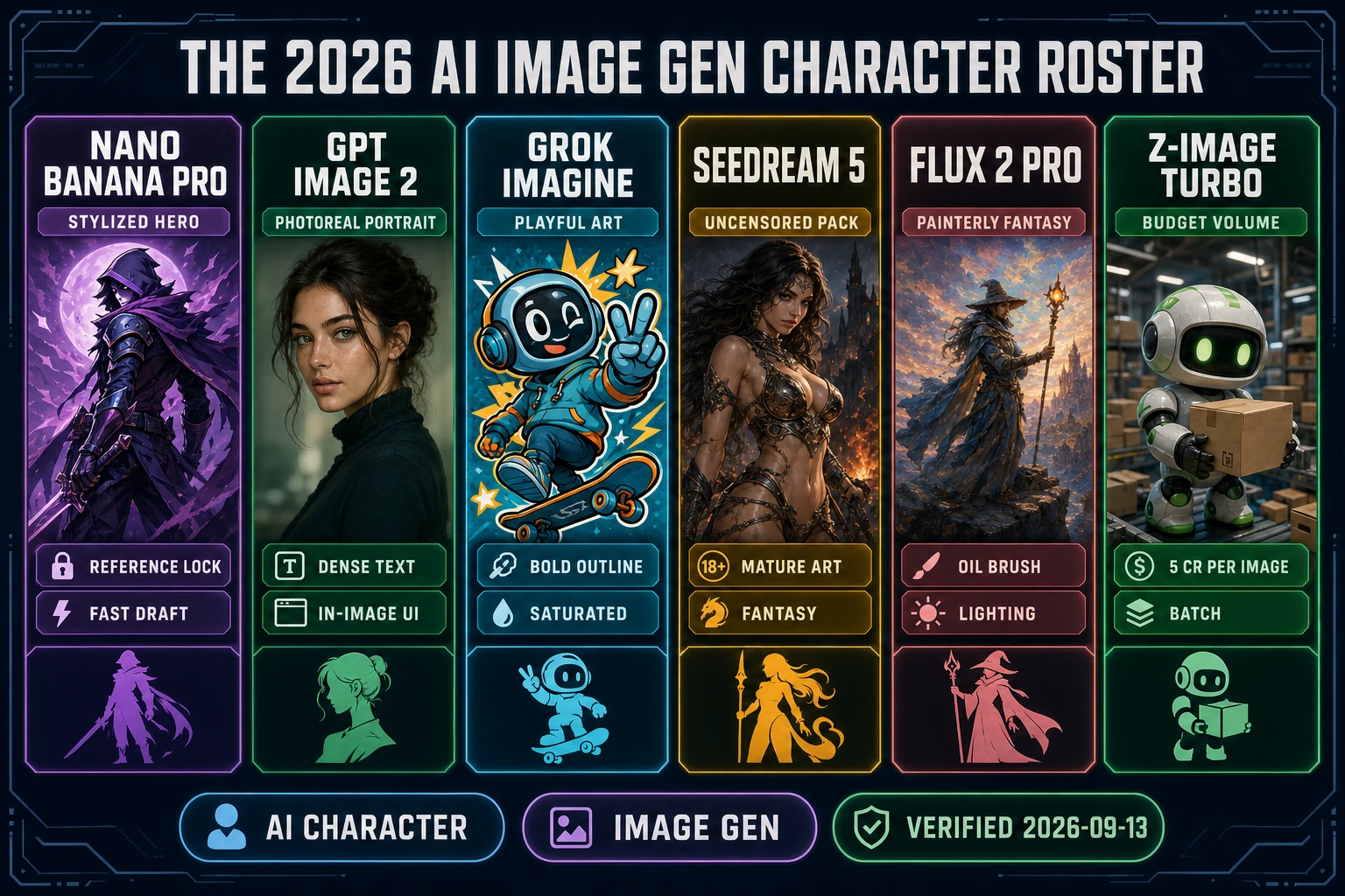 2026 AI Image Gen character roster comparison chart with Nano Banana Pro GPT Image 2 Grok Imagine Seedream 5 Flux 2 Pro and Z-Image Turbo AI character image generator cards