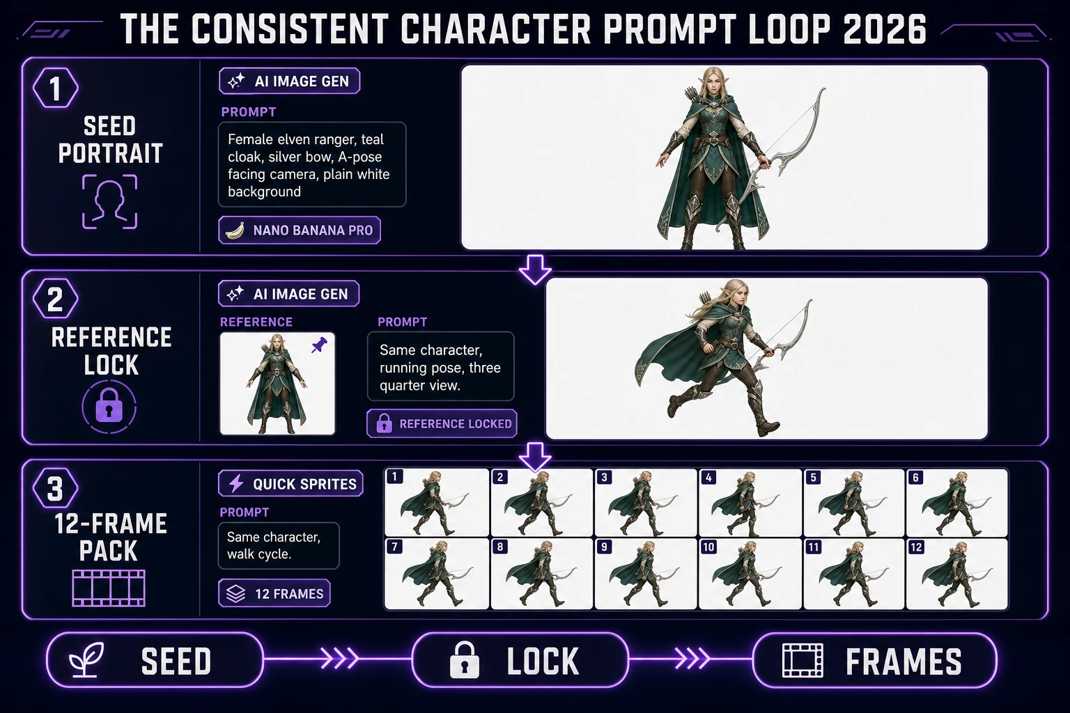 Consistent character prompt loop 2026 diagram showing seed portrait reference lock and 12-frame sprite pack stages inside Sorceress AI Image Gen and Quick Sprites