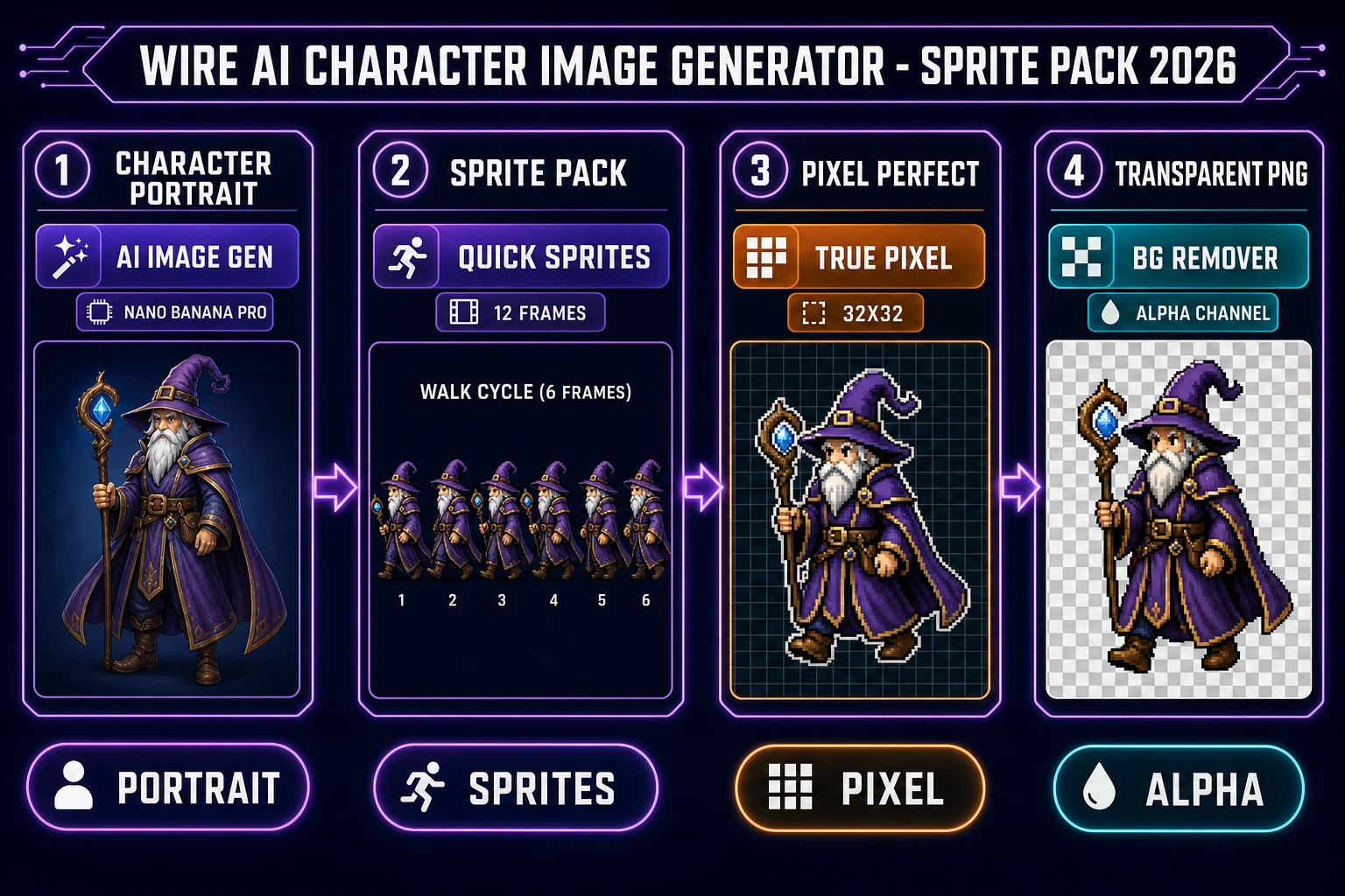 Wire AI character image generator sprite pack 2026 pipeline chart with Sorceress AI Image Gen Nano Banana Pro Quick Sprites True Pixel and Background Remover