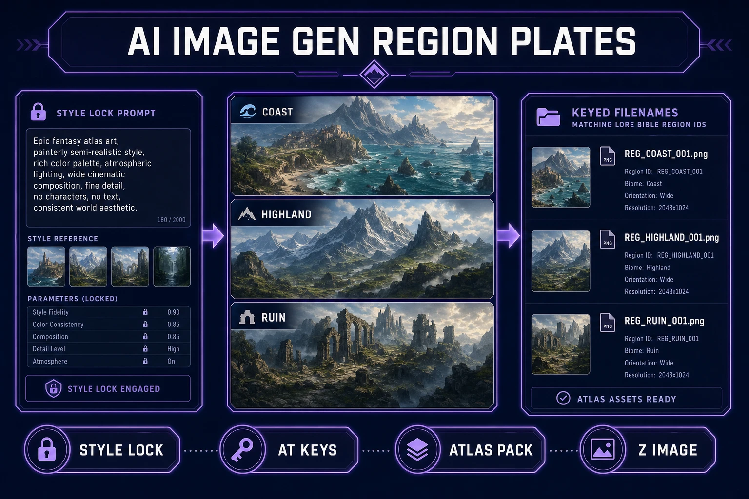 AI Image Gen region plate pipeline for ai worldbuilding with style-locked prompts and filenames keyed to lore bible region ids, verified July 14, 2026