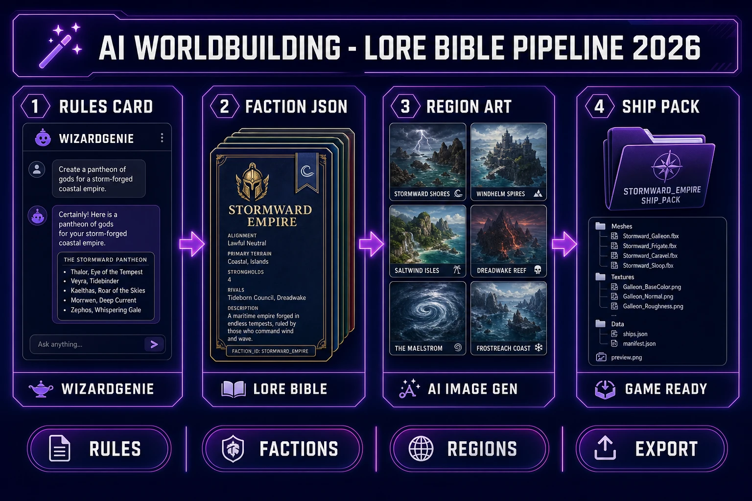 AI worldbuilding in 2026 — four-step lore bible pipeline from WizardGenie rules and faction JSON through AI Image Gen region plates to a shippable campaign pack, verified July 14, 2026