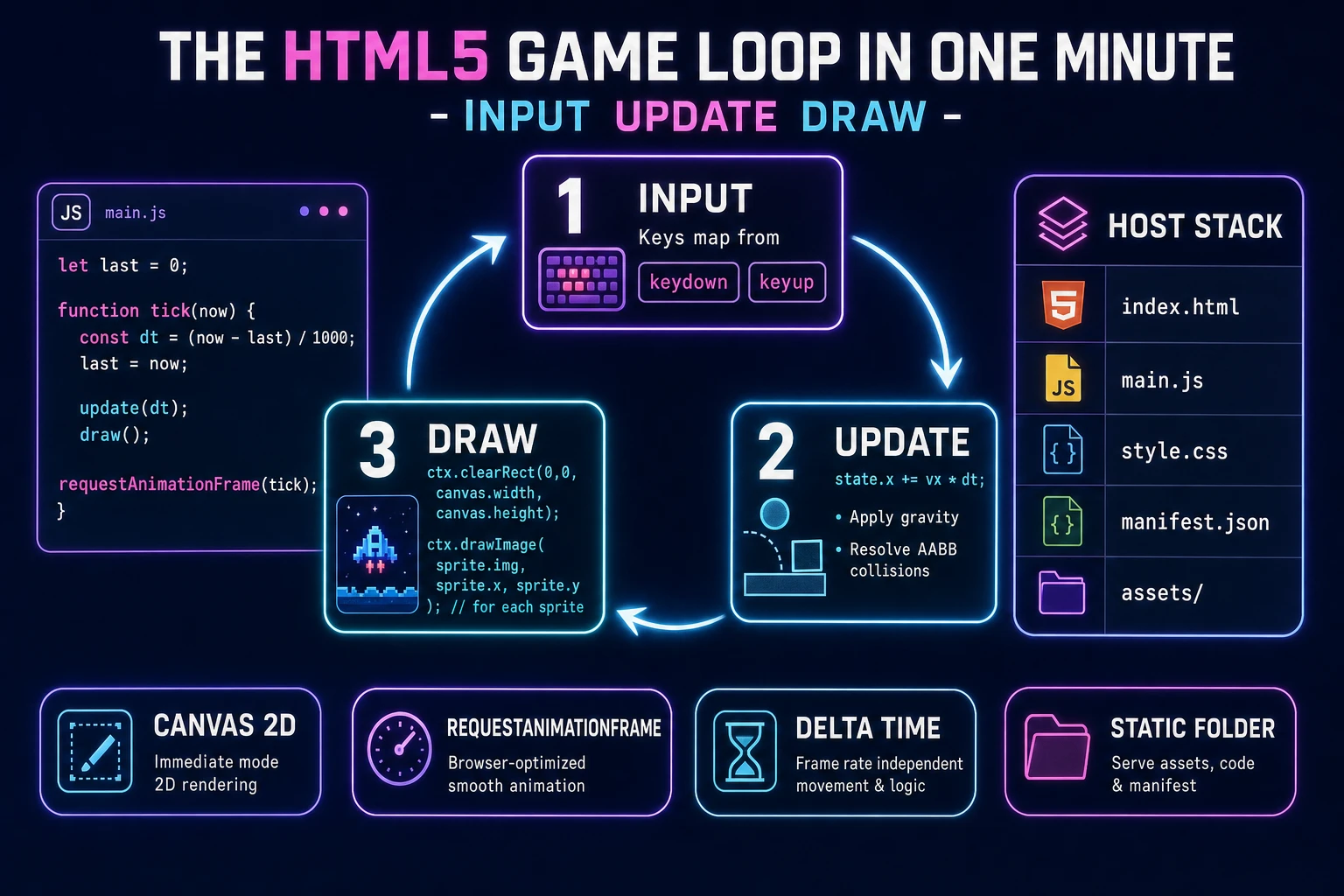 HTML5 game loop diagram: input keys map, update with delta time, draw with clearRect and drawImage inside requestAnimationFrame