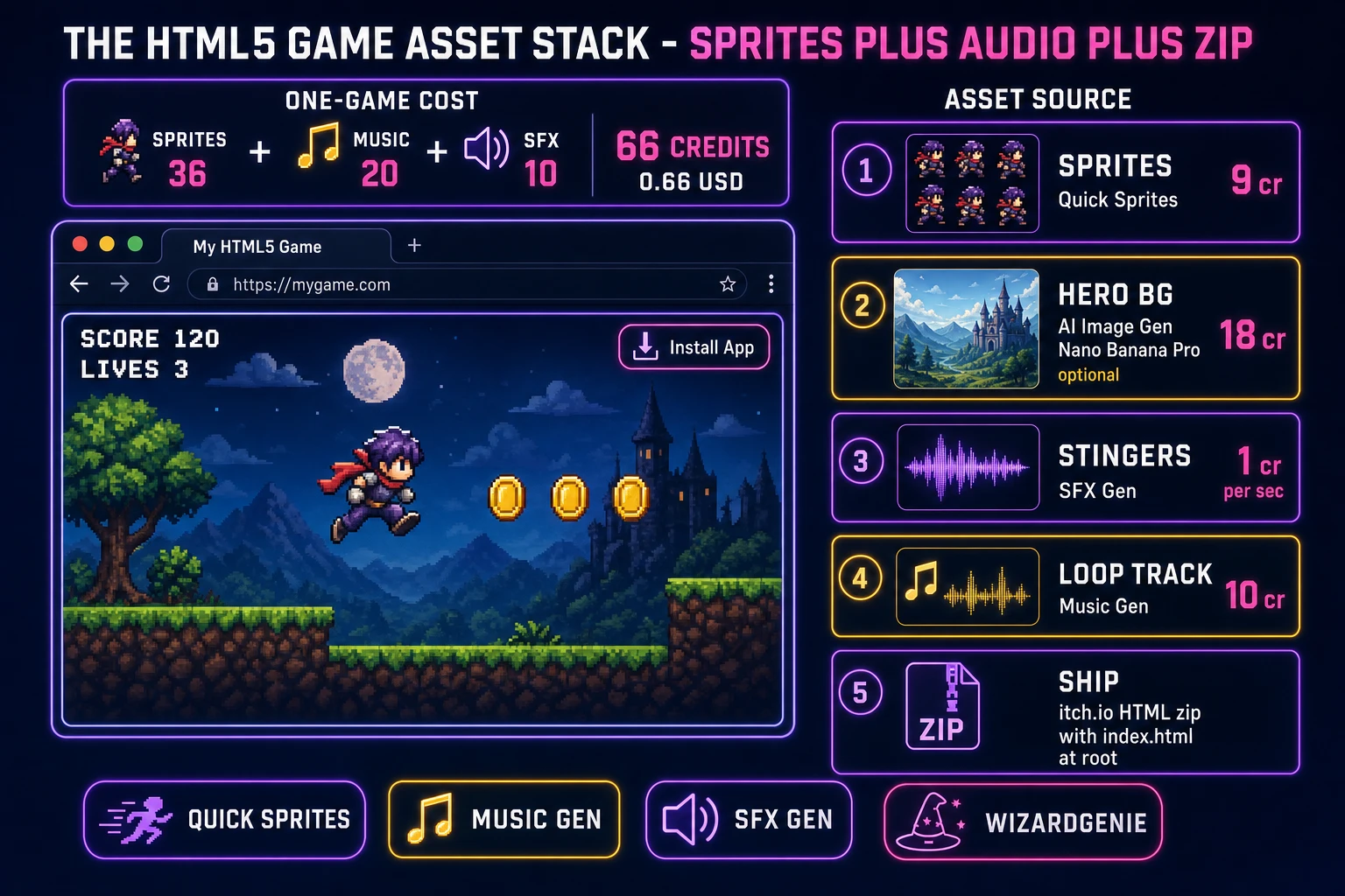 HTML5 game asset stack: Quick Sprites atlas, Music Gen loop, SFX Gen stingers, and itch.io HTML zip with index.html at root