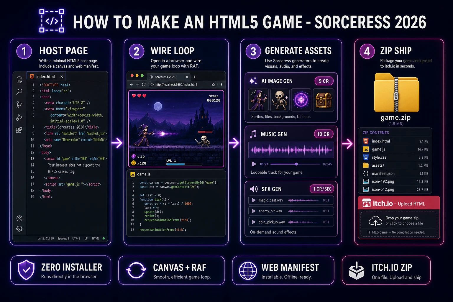 How to make an HTML5 game pipeline: host page with canvas and manifest, WizardGenie loop, AI assets, and itch.io zip ship
