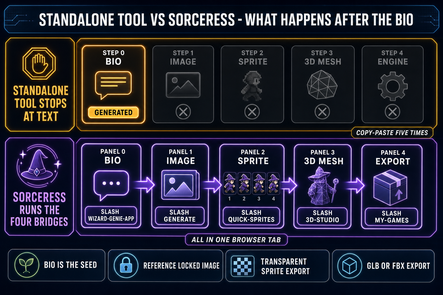 Side-by-side comparison of a standalone AI character description generator (top row, only the bio step active, four downstream asset steps grayed out) versus the Sorceress pipeline (bottom row, all five steps active — bio in WizardGenie, image in AI Image Gen, sprite in Quick Sprites, 3D in 3D Studio, export in Publishing)