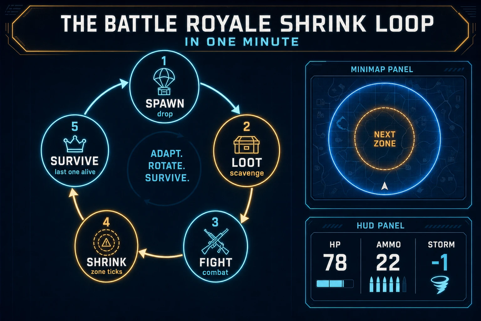 Battle royale game loop state machine diagram showing spawn drop, loot scavenge, fight combat, shrink zone, and survive last one alive