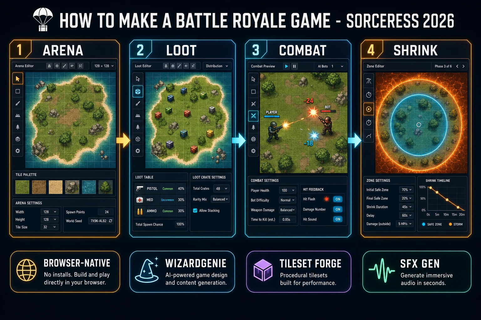 How to make a battle royale game browser pipeline: wire the shrinking zone loop in WizardGenie, then ship a browser last-player-standing round